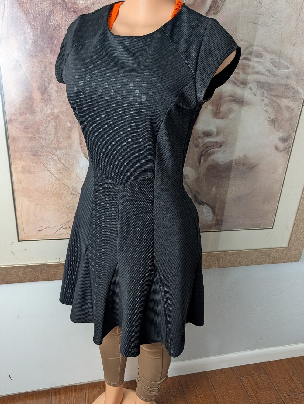 Closet London Black Diamond Textured Pleated Fit Skater Flare Dress Size 14